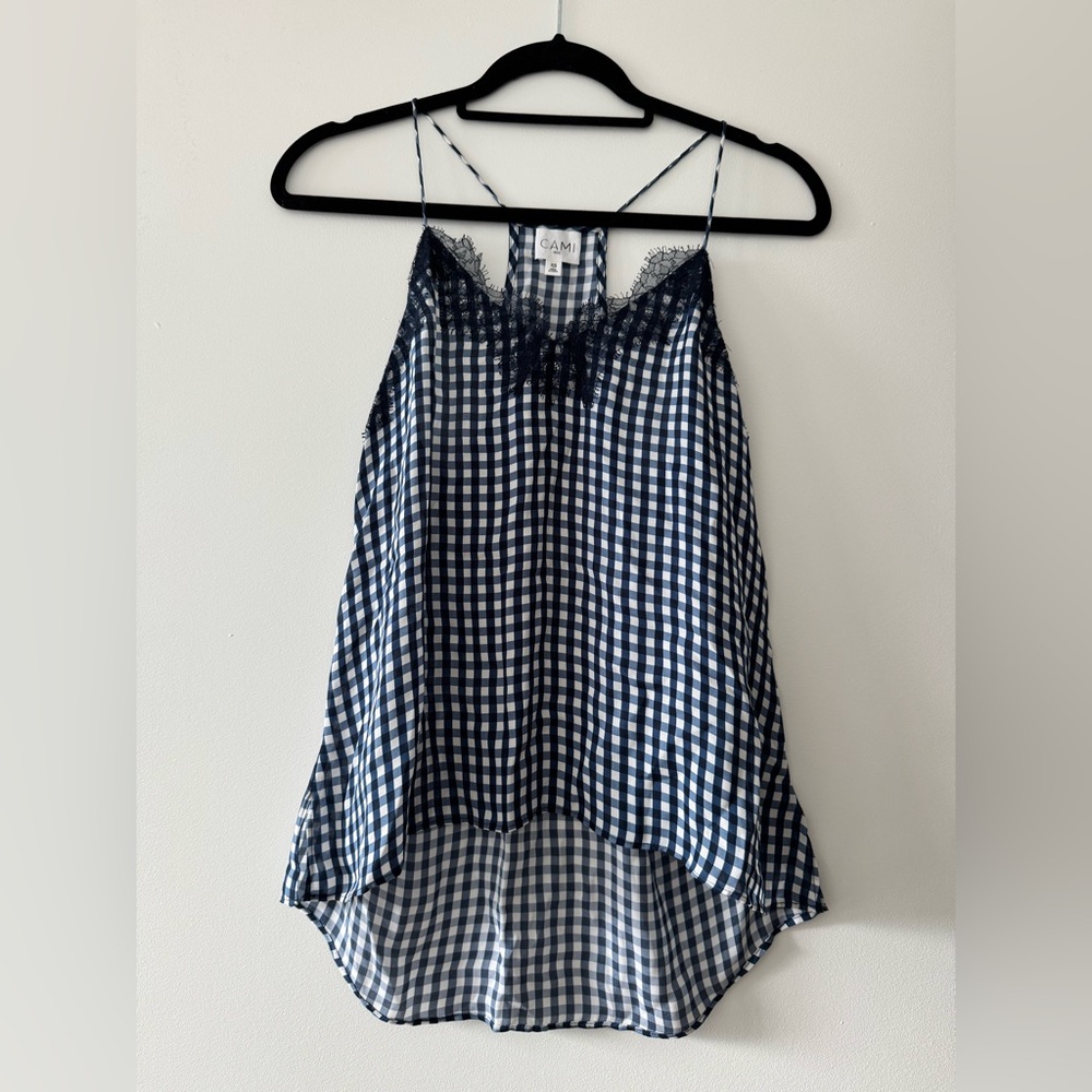 Cami NYC Navy Gingham Silk Lace Camisole
